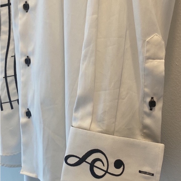 Axxess White Cotton Black Music Notes Embroidery Collar French Cuff Shirt XXL - Picture 6 of 6